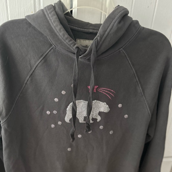 GOODFELLOW & Co Women’s Gray Hoodie with Bear and Star Design, Tie Neck, Pocket - Picture 2 of 5
